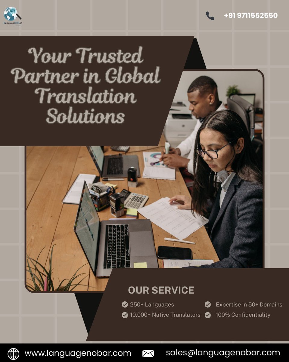 LanguageNoBar's tweet image. With 250+ languages, 10,000+ native translators, and expertise across 50+ domains, we ensure 100% confidentiality and accuracy for all your translation needs.
#TranslationServices #GlobalCommunication #LanguageSolutions #ProfessionalTranslation #BusinessGrowth #Localization
