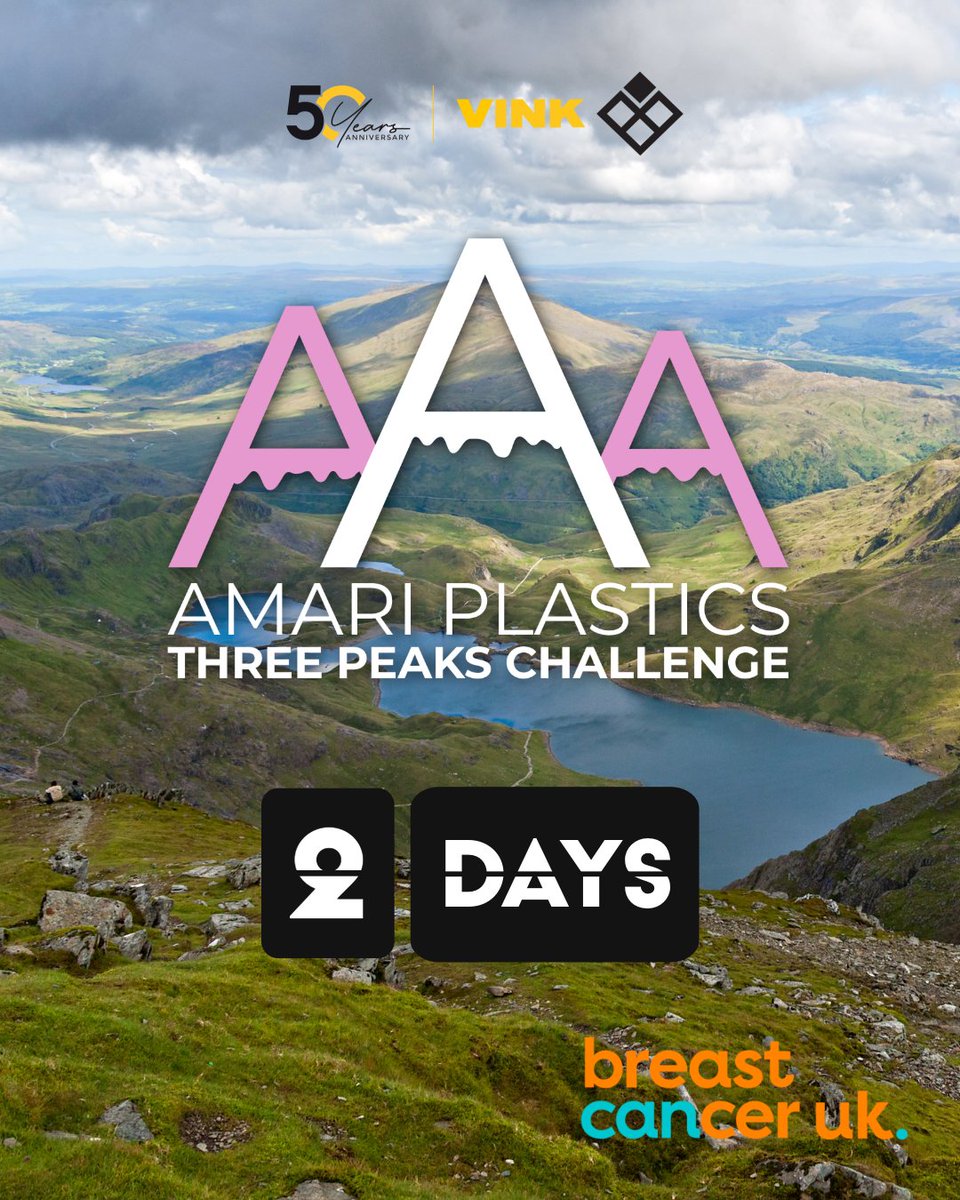 AmariBirmingham's tweet image. 2️⃣ 2 DAYS TO GO

📆30 Aug • 🏔️ 3 Mountains • ⏱️ 24 Hours

The Amari team have chosen to support @BreastCancer_UK 

Follow their updates or donate today at Just Giving: justgiving.com/page/amari3pea…

#ThreePeaksChallenge #ThreePeaks #3Peaks #BreastCancerUK #AmariPlastics