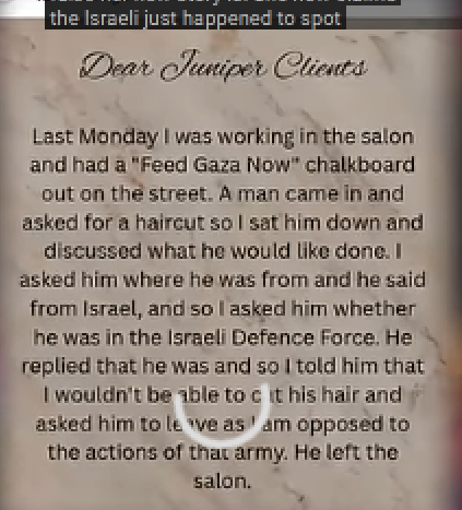ShoreyThe3rd's tweet photo. @CircleRoad1984 @Dominiq48917046 @OzraeliAvi Here is some new info re bentleigh hair Salon (#JuniperSalon), it was his army service that she took issue with. It could be valid reason, it will be interesting to see what happens next. https://t.co/O3f7oplEah