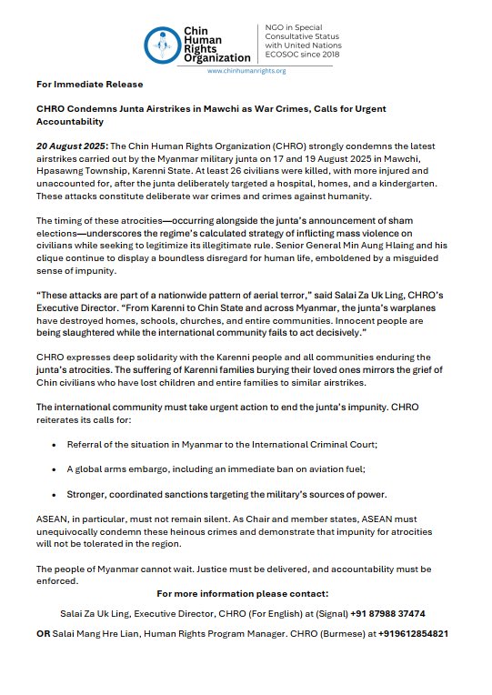 CHRO condemns junta airstrikes in Mawchi that killed 26+ civilians, calling them war crimes. Hospitals, homes &amp; a kindergarten were targeted. We urge urgent ICC referral, arms embargo incl. aviation fuel, &amp; tougher sanctions. #WhatsHappeninglnMyanmar