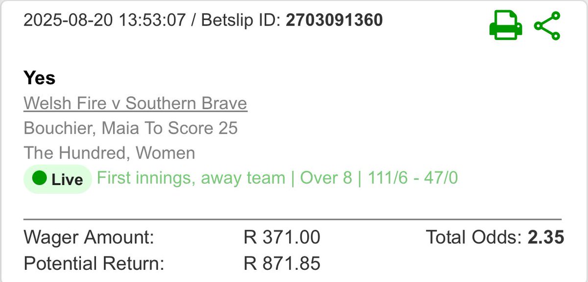 betwaymr200's tweet image. Cricket 🏏:

Georgia Elwiss to score over 34.5 ☑️ 
Maia Bouchier to score 25 ☑️ 

#cricket #betway #tips #codes #betting #bettingtips #bettingpicks 
#T100