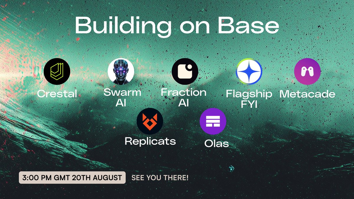 Fraction AI (@fractionai_xyz) on Twitter photo Join us today for another epic spaces with an incredible panel:
<a href="/FlagshipFYI/">Flagship.FYI 🟦</a>, <a href="/Metacade_/">METACADE</a>, <a href="/autonolas/">Olas (formerly Autonolas)</a>, <a href="/Replicatsai/">Replicats</a>,
<a href="/TheSWARM_ai/">The SWARM (by SLAMai)</a> and <a href="/crestalnetwork/">Crestal</a>
Theme: Building on <a href="/base/">Base</a>
📆Today | 🕒 3 PM GMT
🔗 Link: x.com/i/spaces/1lDxL…
See you soon! Join us today for another epic spaces with an incredible panel:
<a href="/FlagshipFYI/">Flagship.FYI 🟦</a>, <a href="/Metacade_/">METACADE</a>, <a href="/autonolas/">Olas (formerly Autonolas)</a>, <a href="/Replicatsai/">Replicats</a>,
<a href="/TheSWARM_ai/">The SWARM (by SLAMai)</a> and <a href="/crestalnetwork/">Crestal</a>
Theme: Building on <a href="/base/">Base</a>
📆Today | 🕒 3 PM GMT
🔗 Link: x.com/i/spaces/1lDxL…
See you soon!