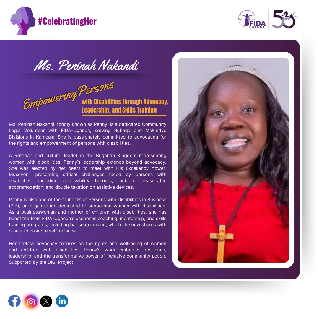 FIDA_Uganda's tweet photo. 💜#CelebratingHer | Ms. Peninah Nakandi is a passionate advocate empowering persons with disabilities through leadership, advocacy, and skills training. As a Community Legal Volunteer with FIDA-Uganda, she champions inclusion, resilience, and the rights of women and girls with disabilities! Supported by the DIGI project.
#DIGIProject