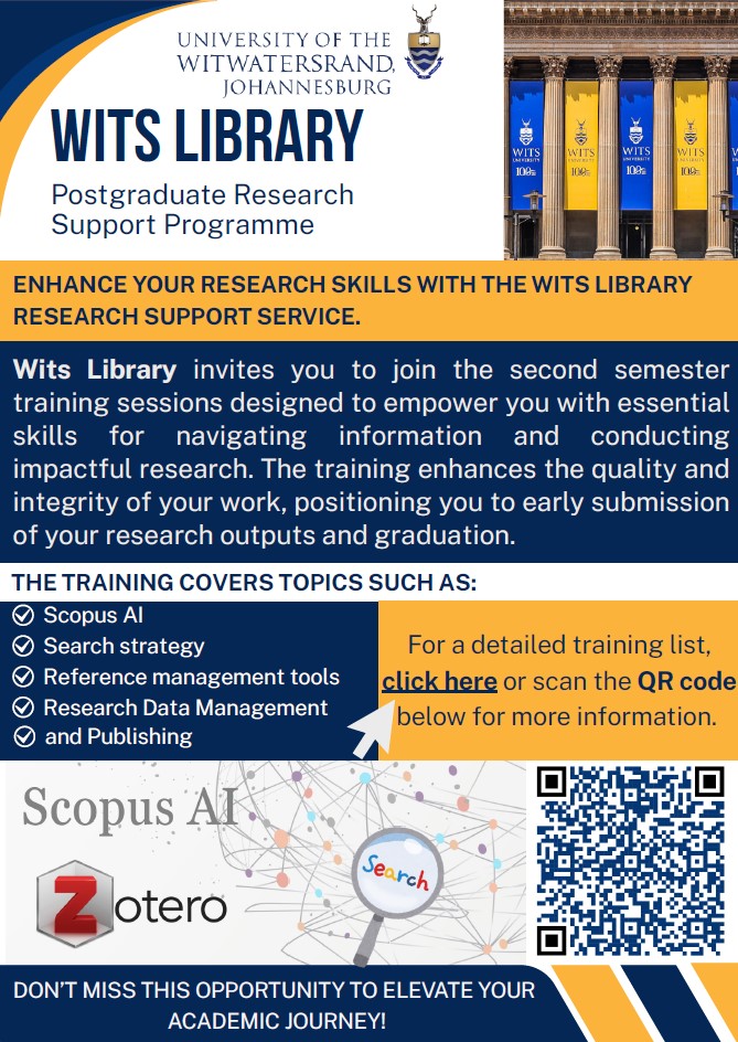 witslibrary's tweet image. Join Wits Library Research Support training sessions to sharpen your research skills... 
libguides.wits.ac.za/research-suppo…