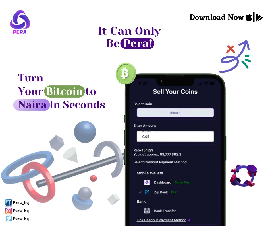 Pera_hq's tweet image. Turn your #Bitcoin into Naira in just seconds. Only on #Pera 
#Tradeatease #btc #btcngn