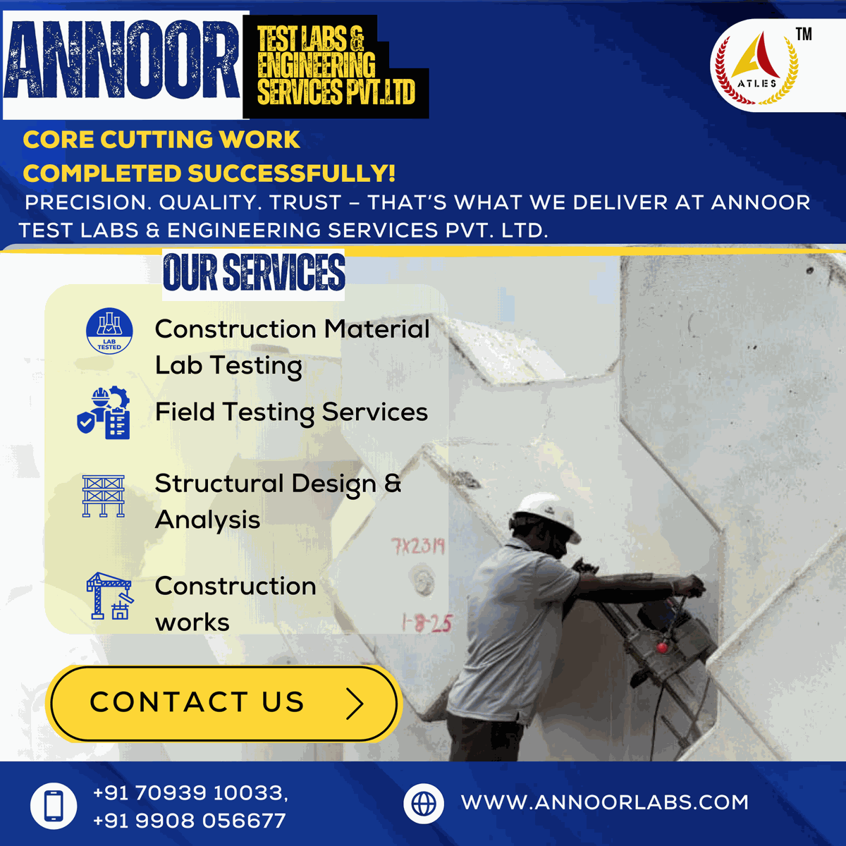 AnnoorTestLtd's tweet image. ✅ Core Cutting Work Completed Successfully!
Precision. Quality. Trust – that’s what we deliver at Annoor Test Labs & Engineering Services Pvt. Ltd.
📞 +91 70939 10033 | +91 9908 056677
#CoreCutting #StructuralTesting #AnnoorTestLabs #QualityAssurance