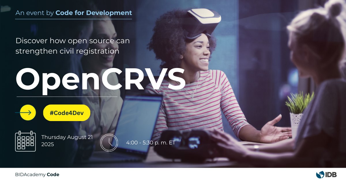 the_IDB's tweet image. 📢 Join our next #Code4Dev webinar and discover OpenCRVS, an open-source solution to modernize civil registration systems.
📅 August 21 | 🕓 4–5:30 p.m. ET | 💻 Zoom
🔤 English with Spanish & Portuguese interpretation
👉 Register now: bit.ly/41c5cGD