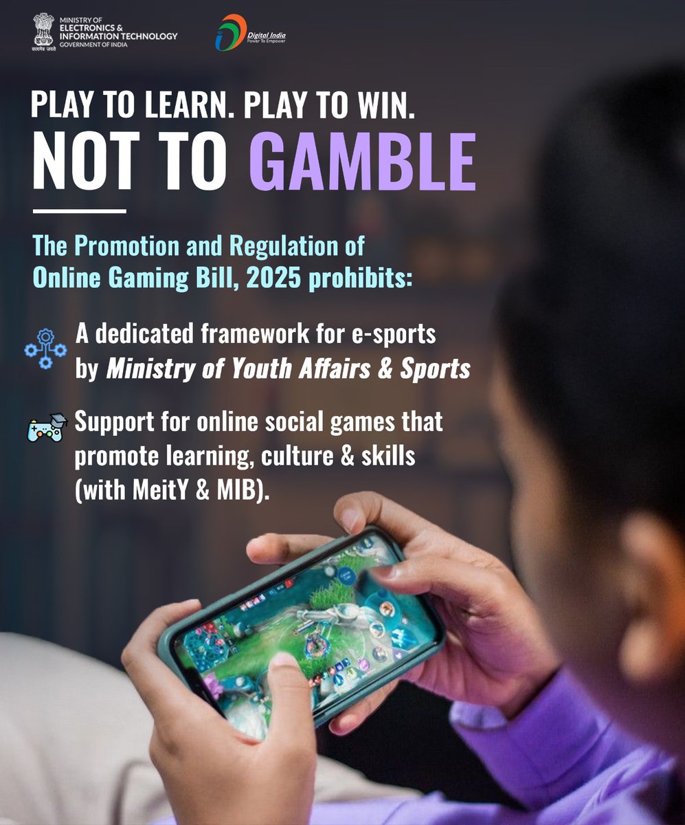 Ministry of Electronics & IT (@goi_meity) on Twitter photo The Promotion and Regulation of Online Gaming Bill, 2025 is not about stopping gaming—it’s about encouraging the right kind. Play, learn, compete—without the risks of money gaming.
<a href="/MIB_India/">Ministry of Information and Broadcasting</a> #DigitalIndia #OnlineGamingBill2025 The Promotion and Regulation of Online Gaming Bill, 2025 is not about stopping gaming—it’s about encouraging the right kind. Play, learn, compete—without the risks of money gaming.
<a href="/MIB_India/">Ministry of Information and Broadcasting</a> #DigitalIndia #OnlineGamingBill2025