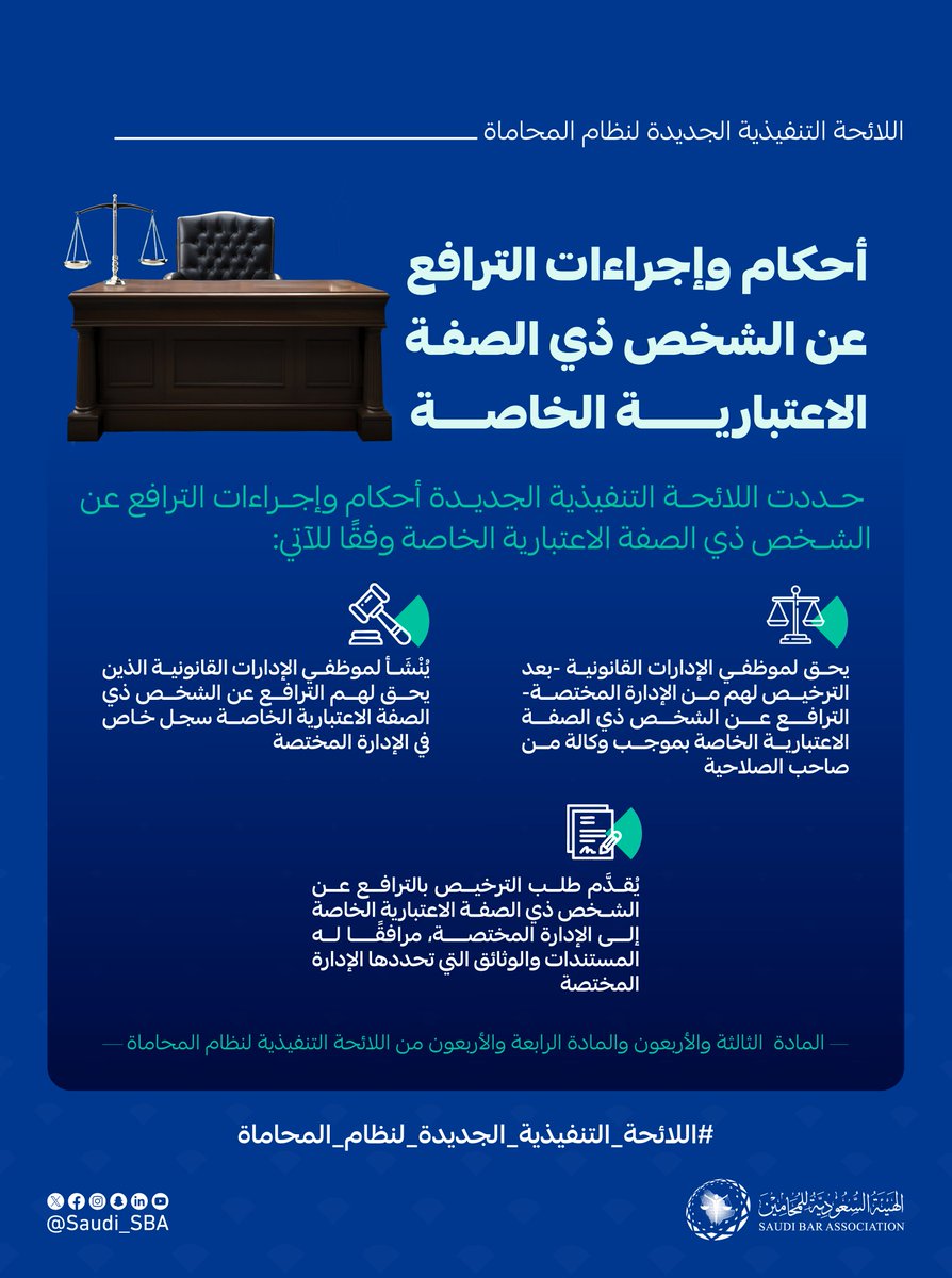 أحكام وإجراءات الترافع عن الشخص ذي الصفة الاعتبارية الخاصة وفق ⁧#اللائحة_التنفيذية_الجديدة_لنظام_المحاماة⁩ ⚖️