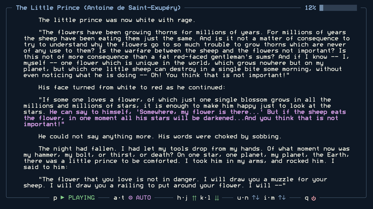 在 GitHub 上发现一个堪称 “摸鱼神器” 的终端电子书阅读器：Lue，界面看起来就像在敲代码，实际却在上班看小说。

支持 EPUB、PDF、TXT 等多种格式，还自带 TTS 语音朗读功能，支持 100+ 种语言朗读。

而且界面简洁完美融入终端，同时支持快捷键操作，可轻松上下翻页。