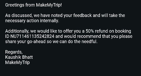 karunamg's tweet photo. @makemytripcare I have confirmed with my brother he is not okay with 50 percent refund and “internal action”. His words: over 2 hours late Dropped in the middle had to travel to bus station physical hassle. had to wait 1.5 hours on public station for the bus with all luggage. All plans derailed. https://t.co/790V2QgQvY