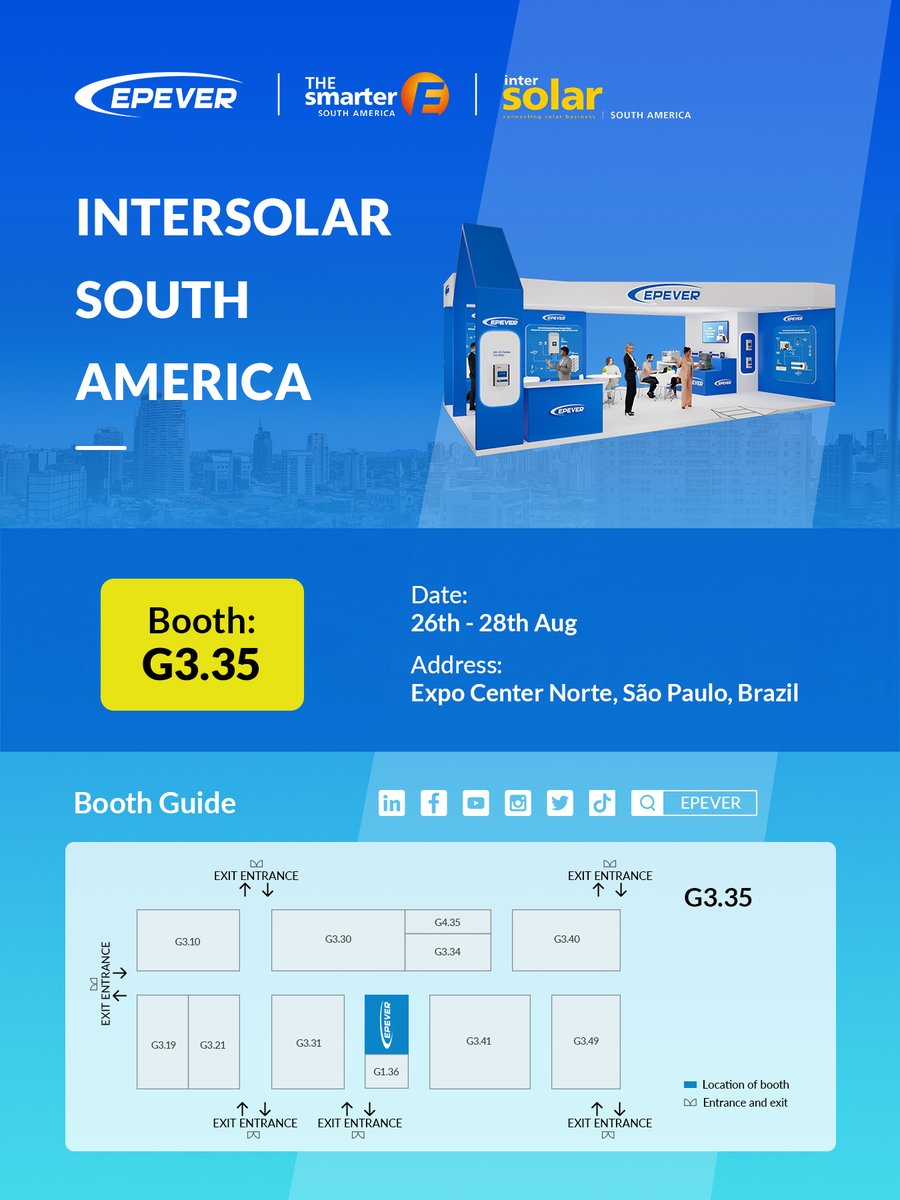 🇧🇷 We’re heading to Intersolar South America!
📍Booth G3.35 | 📅 Aug 26–28
📌 Expo Center Norte, São Paulo
From off-grid to on-grid, control to storage — discover smart solar solutions built for real-world energy needs.
#EPEVER #IntersolarSouthAmerica #SolarEnergy #EnergyStorage