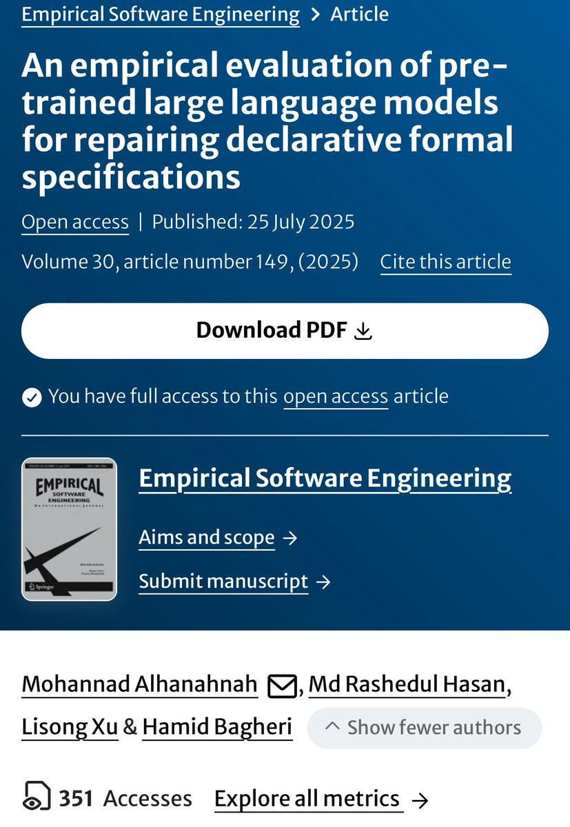 rashed_hasan00's tweet image. Our paper “An Empirical Evaluation of Pre-trained LLMs for Repairing Declarative Formal Specifications” was accepted at Empirical Software Engineering (Q1, IF ~4.5)
We show LLM-based dual-agent + auto-prompting outperforms SOTA in Alloy APR!
#LLM #AI #SoftwareEngineering