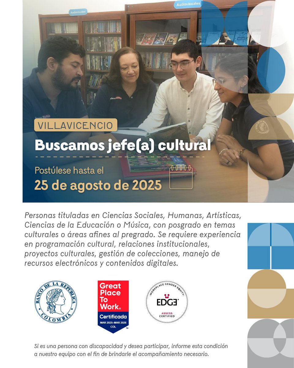 ¡Haga parte del #TalentoBanRep y deje huella en Colombia!

Buscamos jefe(a) cultural en Villavicencio. Postúlese hasta el 25 de agosto de 2025, consulte más información 👉 ow.ly/KMiS50WIORg

Importante: Las ofertas de empleo del Banco de la República son completamente