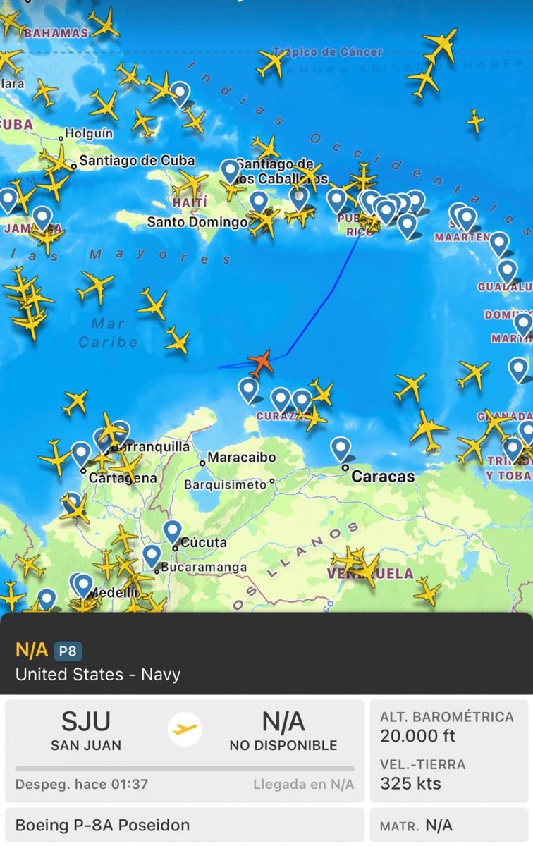 RepCarlos's tweet photo. 🚨Hemos desplegado un avión P-8 Poseidon desde USA hacia #Venezuela.

Este avión militar se especializa en patrulla marítima y guerra antisubmarina.

La recompensa de $50 millones aún está disponible.

Les queda poco. https://t.co/xRI2wmDCVI