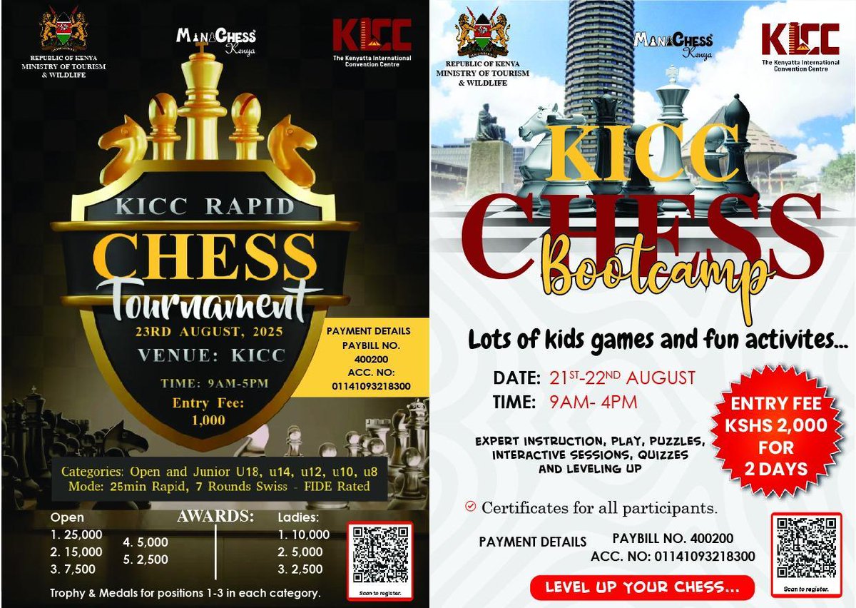 Are you a chess enthusiast? Plan to attend the KICC Chess Bootcamp on 21st &amp; 22nd from 9AM to 4PM. On 23rd is the KICC Rapid Chess Tournament with lots of cash prizes for the winners. For more info visit our social handles. Register Now!
#kiccevents #chessgame #chesstournament