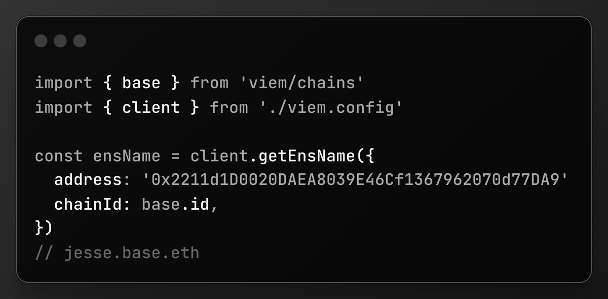 Next Viem release will add support for chain-specific ENS resolution (ENSIP-19)! No more need to directly query L2-specific resolver contracts via readContract, etc.

h/t @taytemss