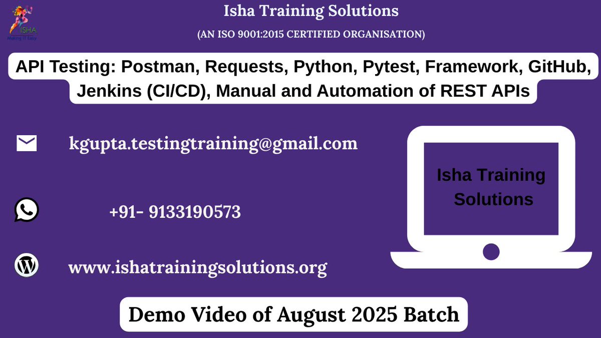 IshaKumargupta's tweet image. "API Testing: Requests, Python”-Demo Video
youtu.be/WapvKA0axxY
Enrollments are still in progress
Regular sessions will start from:
20th August@9PM(IST)/20thAugust@11:30Am(EST)
Price: 6,900 INR/89 USD
WhatsApp@+91-9133190573
ishatrainingsolutions.org/courses/api-te…
#APITesting #PythonRequests