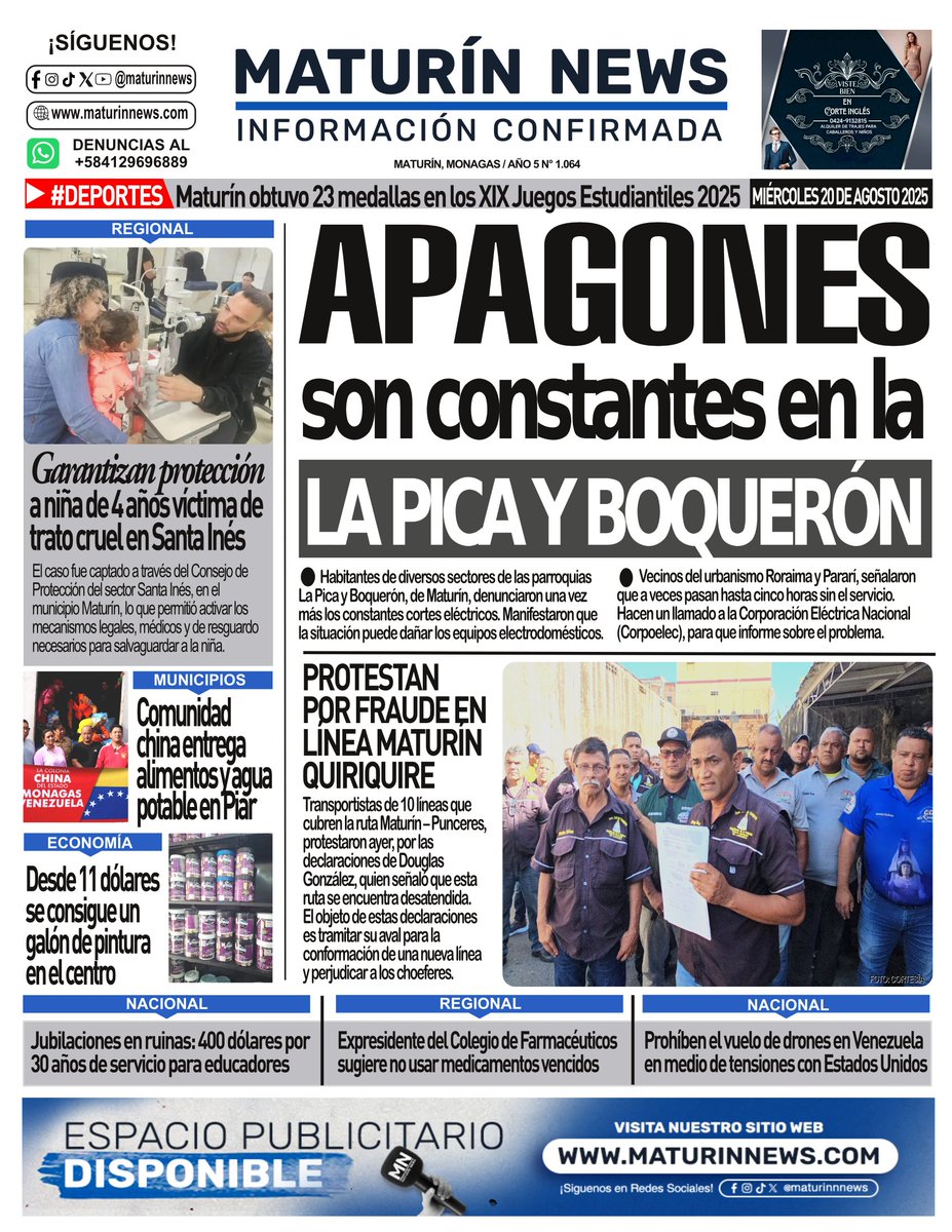 ¡Buenos días! 🌤 Presentamos nuestra portada MIÉRCOLES 20-08-2025. Amplía las informaciones en maturinnews.com.
.
.
.
#Maturin #Monagas #Noticias #MaturinNews #News #Venezuela #esviral #20Ago #periodismo #Felizmiercoles #viral #Miercoles #Esnoticia #noticias