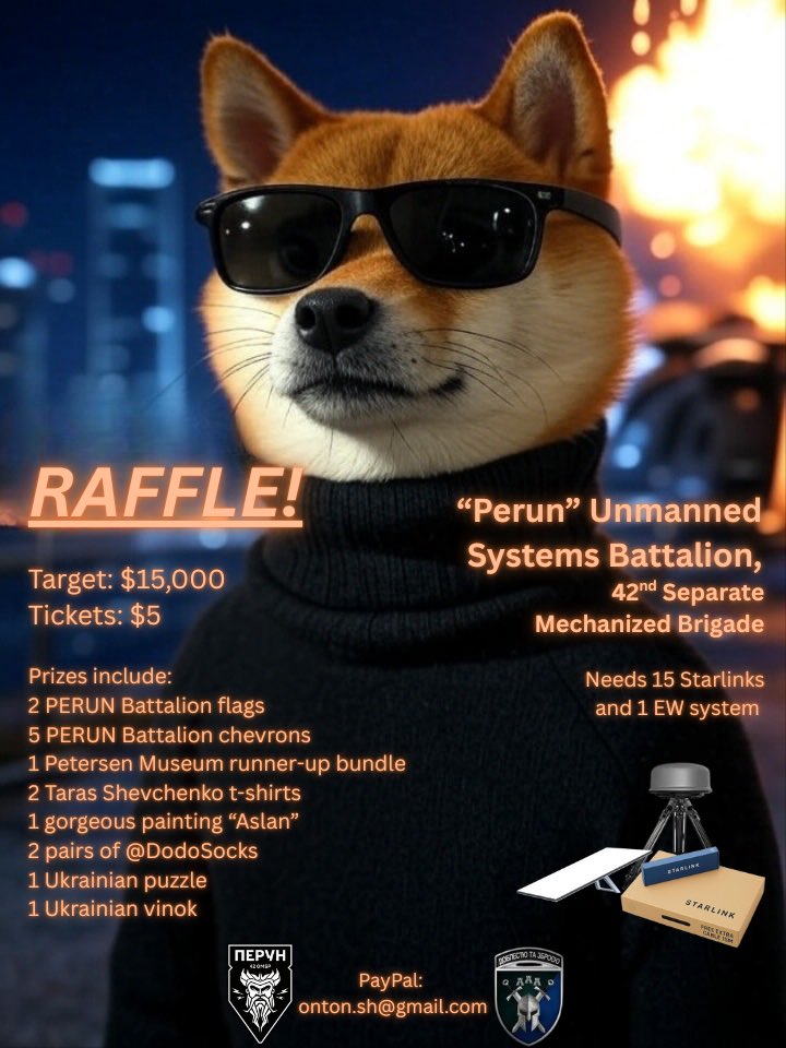 Fella Canuck🇨🇦🇺🇦🎗️ (@fella_canuck) on Twitter photo Good morning, Fellas. Your mission, should you choose to accept it, is to aid the Perun Unmanned Systems Battalion, 42nd Mechanized Brigade, by funding 15 Starlinks and 1 EW system to counter enemy drones. PayPal: onton.sh@gmail.com. This message will self-destruct in 5 seconds. Good morning, Fellas. Your mission, should you choose to accept it, is to aid the Perun Unmanned Systems Battalion, 42nd Mechanized Brigade, by funding 15 Starlinks and 1 EW system to counter enemy drones. PayPal: onton.sh@gmail.com. This message will self-destruct in 5 seconds.