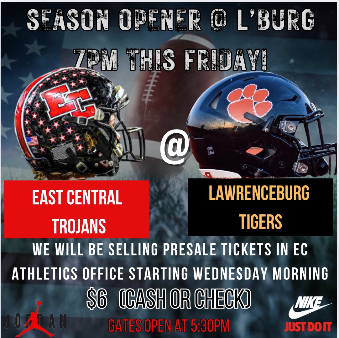 ECTrojanSports's tweet image. Starting today, fans and students can begin purchasing presale tickets for Friday’s game at Lawrenceburg.  

Will sell until 4pm today and tomorrow.  Just until 1pm on Friday.