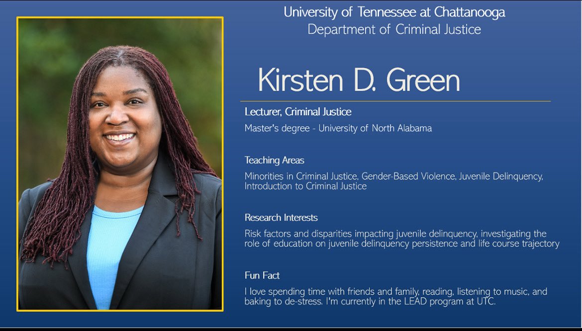 UTC Social, Cultural, & Justice Studies (@utc_scjs) on Twitter photo We would like to welcome Kirsten Green, M.S., to our department as our new full-time Criminal Justice lecturer. We’re thrilled to have her join us as a colleague! Please help us in welcoming her to <a href="/UTChattanooga/">The University of Tennessee at Chattanooga</a> 🎉 We would like to welcome Kirsten Green, M.S., to our department as our new full-time Criminal Justice lecturer. We’re thrilled to have her join us as a colleague! Please help us in welcoming her to <a href="/UTChattanooga/">The University of Tennessee at Chattanooga</a> 🎉