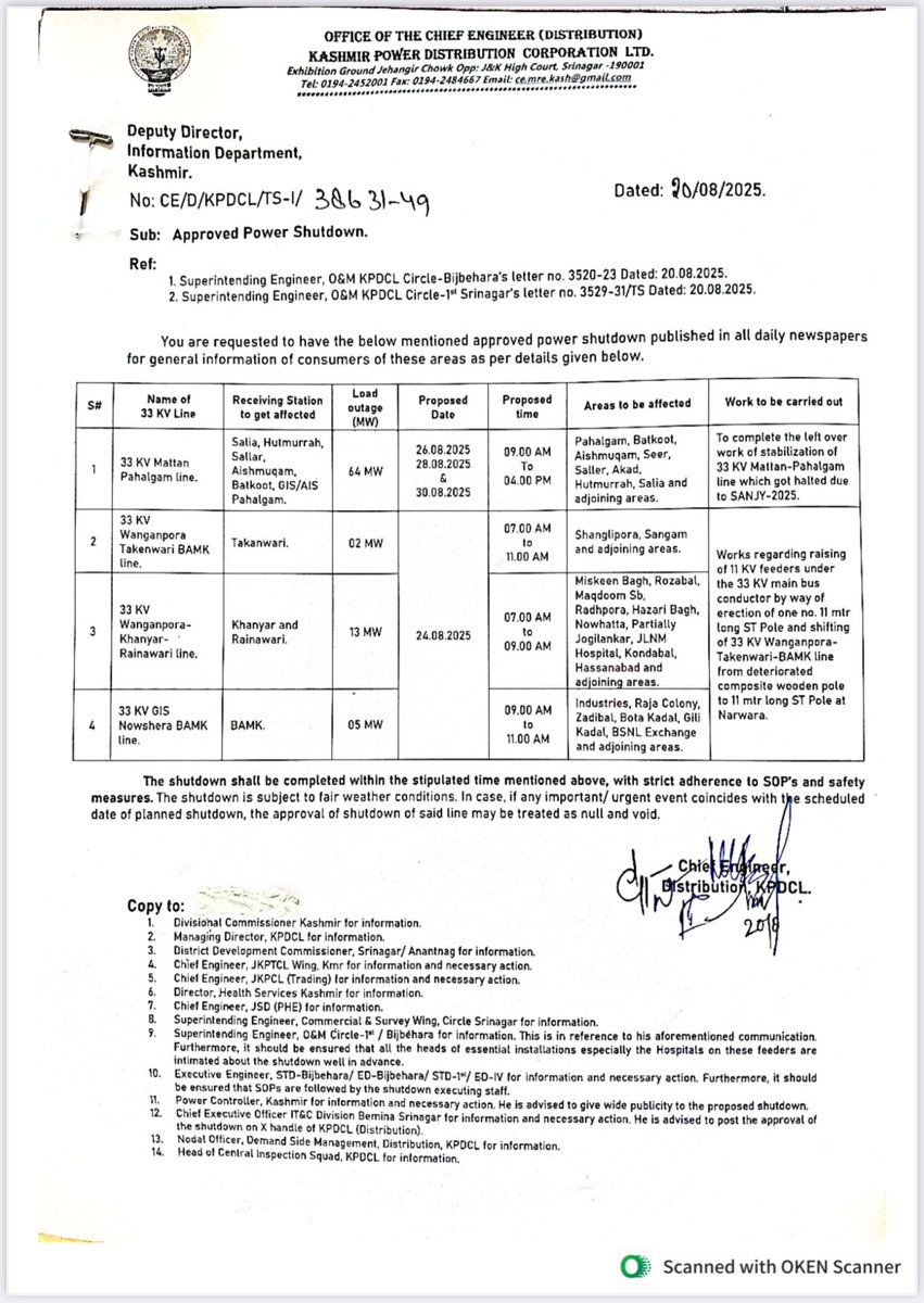 Power shutdown <a href="/XEd1st/">ED1st KPDCL</a> <a href="/XEN_EDIV_KPDCL/">Electric Division-IV, Khanyar (KPDCL)</a> <a href="/std_ist/">Sub-Transmission Division, 1st (KPDCL) PDD,Bemina</a> <a href="/kpdcloffice/">Kashmir Power Distribution Corporation Limited</a>
