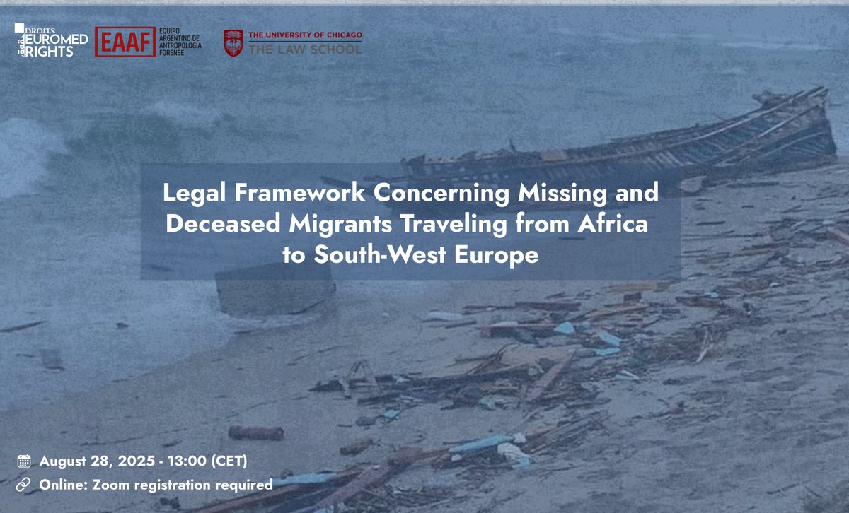 📢 Ahead of the International Day of the Victims of Enforced Disappearances, join us for a webinar launching our new report:

"Legal Framework Regarding Missing and Deceased Migrants Traveling from Africa to Southwestern Europe". <a href="/eaafoficial/">Equipo Argentino de Antropología Forense</a>

🔗Register : us02web.zoom.us/webinar/regist…