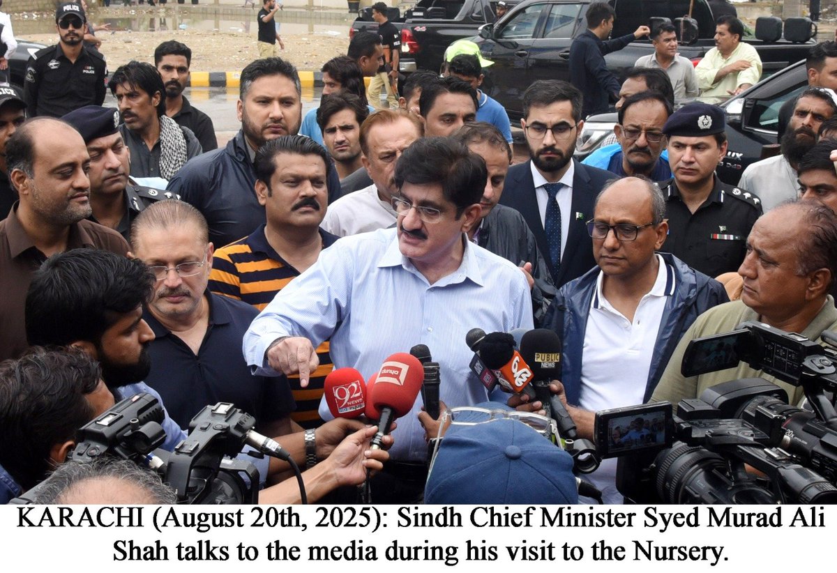 KARACHI (August 20th, 2025): Sindh Chief Minister Syed Murad Ali Shah talks  to the media during his visit to the Nursery.