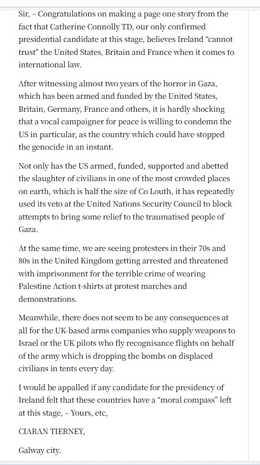 After 22 months of the #GazaGenocide, is it really a page one scandal that <a href="/catherinegalway/">Connolly for President</a> believes our western leaders have lost their "moral compass"?

Why are #Palestinian lives so insignifcant we dare not speak out? 

My letter in today's <a href="/ITletters/">Irish Times Letters</a> 

<a href="/ipsc48/">IPSC</a> <a href="/SadakaIreland/">Sadaka</a>