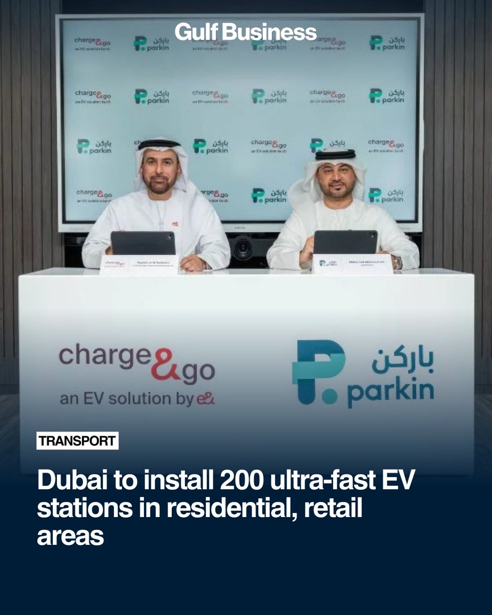 Parkin Company has partnered with charge&amp;go (an Etisalat Services Holding subsidiary under e&amp; group) to roll out 200 ultra-fast DC EV charging stations across the emirate.

Read more: gulfbusiness.com/30-minute-char…