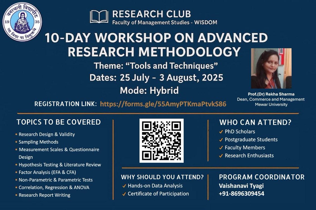 universitymewar's tweet image. Faculty of Management Studies – WISDOM | Research Club || 📚 10-Day Workshop on Advanced Research Methodology

#MewarUniversity #ResearchWorkshop #AdvancedResearch #ResearchMethodology #FacultyOfManagement #Wisdom #KnowledgeToWisdom #HybridWorkshop #AcademicExcellence #Research