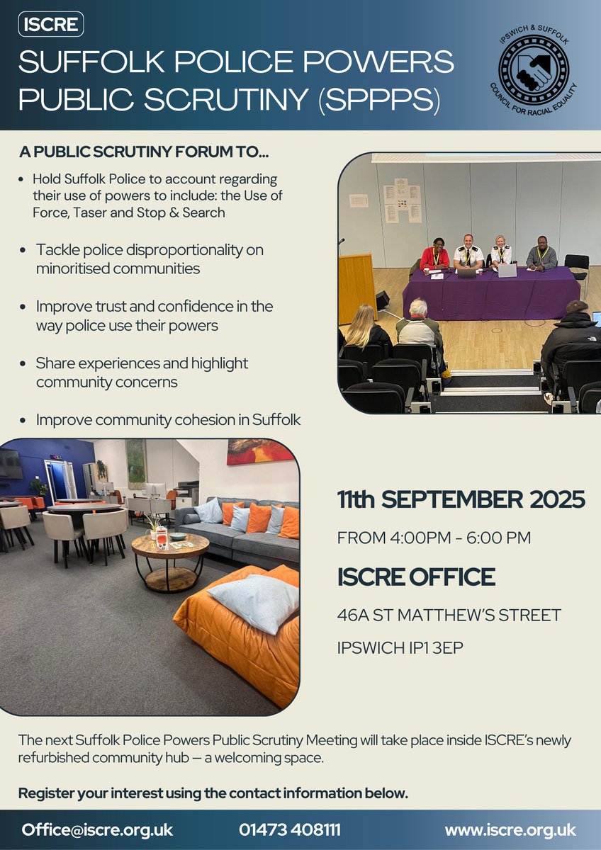 Join us at the next Suffolk Police Powers Public Scrutiny Meeting on the 11th of September – An opportunity to hear and question the use of Suffolk Police Powers.
More details on the poster -
Your voice matters. Together, we can build trust and transparency.

<a href="/SuffolkPolice/">Suffolk Police</a>