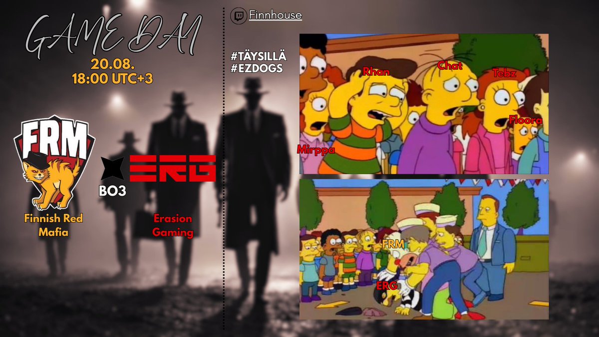 Finnish Red Mafia (@finnishredmafia) on Twitter photo MAFIAMIRRIT PELAA JEA â
TĂYSTANKO JEA â
KAHEN OTTELUSARJAN VOITTOPUTKI JEA â
GO WIN JEA â
MafiađŒđ
vs <a href="/erasion_gaming/">Erasion Gaming</a>
âł: 18:00
đ: twitch.tv/finnhouse
#TĂYSILLĂ #EZDOGS MAFIAMIRRIT PELAA JEA â
TĂYSTANKO JEA â
KAHEN OTTELUSARJAN VOITTOPUTKI JEA â
GO WIN JEA â
MafiađŒđ
vs <a href="/erasion_gaming/">Erasion Gaming</a>
âł: 18:00
đ: twitch.tv/finnhouse
#TĂYSILLĂ #EZDOGS