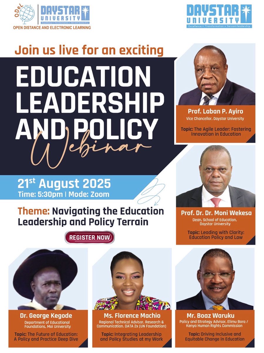 The Vice Chancellor invites you to a Webinar on Daystar’s  Master of Education in Leadership and Policy Studies. 🌟 

Learn how this programme equips educators to lead and influence policy. Register here 👉 daystar-ac-ke.zoom.us/meeting/regist…

 #FormNiDaystar