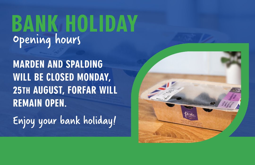 PPackaging's tweet image. Please note that our Marden and Spalding depots will be closed on Monday, 25th August. Forfar will remain open.
 
If you have any upcoming orders or deliveries to plan, our team is on hand this week to support you.

📧 info@producepackaging.co.uk 
☎️ 01622 831423