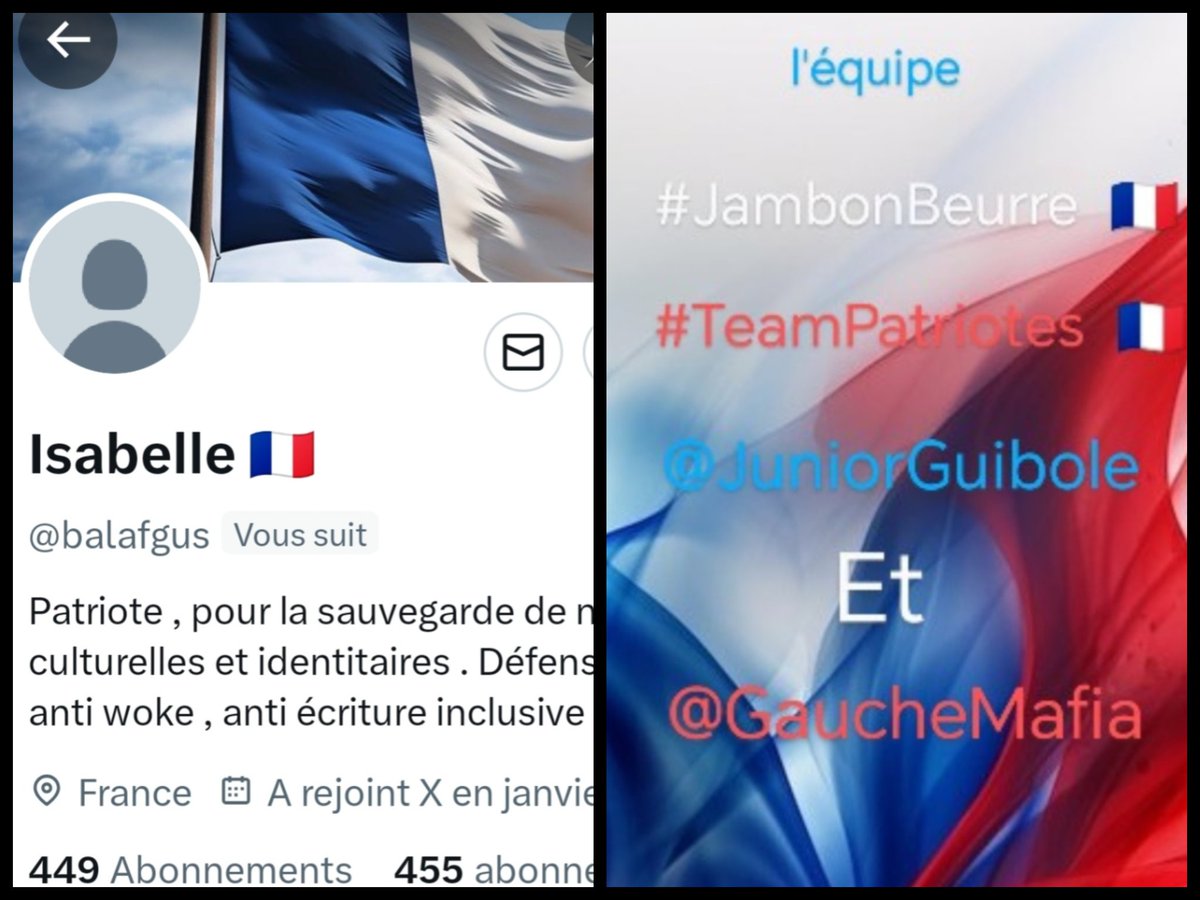 🇨🇵 Dédé 🇫🇷♿ (@juniorguibole) on Twitter photo INFO🚨Merci de partager !🚨
Mes amis abonnés😉
Ainsi que l'équipe #JambonBeurre #TeamPatriotes 🇨🇵
Notre amie <a href="/balafgus/">Isabelle 🇫🇷</a> 👍
Aurait besoin d'un petit coup de pouce pour grossir sa TL!🥳
Et ainsi lui donner plus de visibilité!
Merci de vous abonner à elle !🙏
Et n'oubliez pas!😉 INFO🚨Merci de partager !🚨
Mes amis abonnés😉
Ainsi que l'équipe #JambonBeurre #TeamPatriotes 🇨🇵
Notre amie <a href="/balafgus/">Isabelle 🇫🇷</a> 👍
Aurait besoin d'un petit coup de pouce pour grossir sa TL!🥳
Et ainsi lui donner plus de visibilité!
Merci de vous abonner à elle !🙏
Et n'oubliez pas!😉