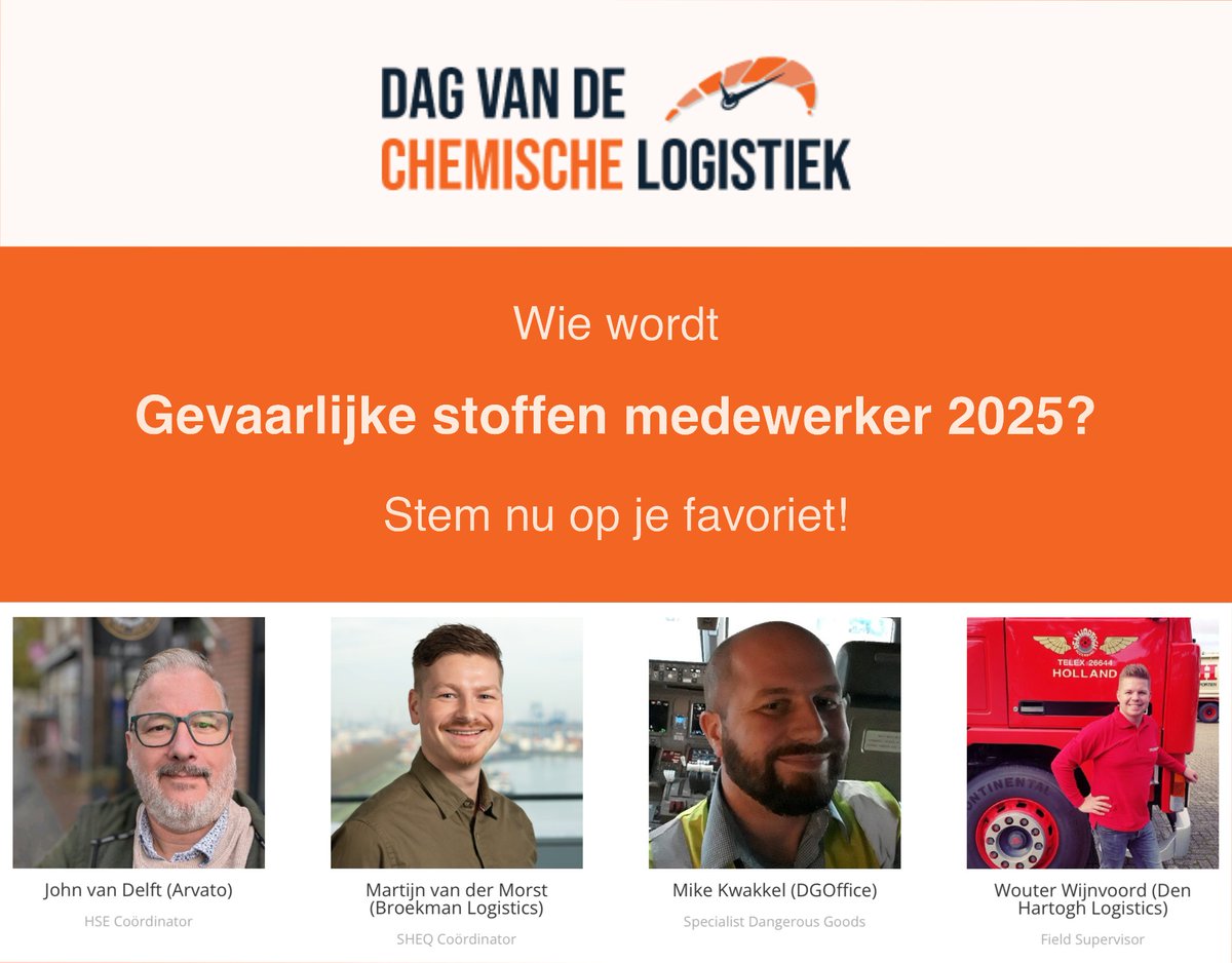 VNCW's tweet photo. Stem nu op de Gevaarlijke stoffen medewerker 2025!
https://t.co/bfY6lWMQ4B
Met John van Delft @ArvatoSupplies, Martijn van der Morst @BroekmanLog, Mike Kwakkel @DGOffice_net en Wouter Wijnvoord @Den_Hartogh_   
#gevaarlijkestoffen #verkiezing https://t.co/WMo08ZE6A2