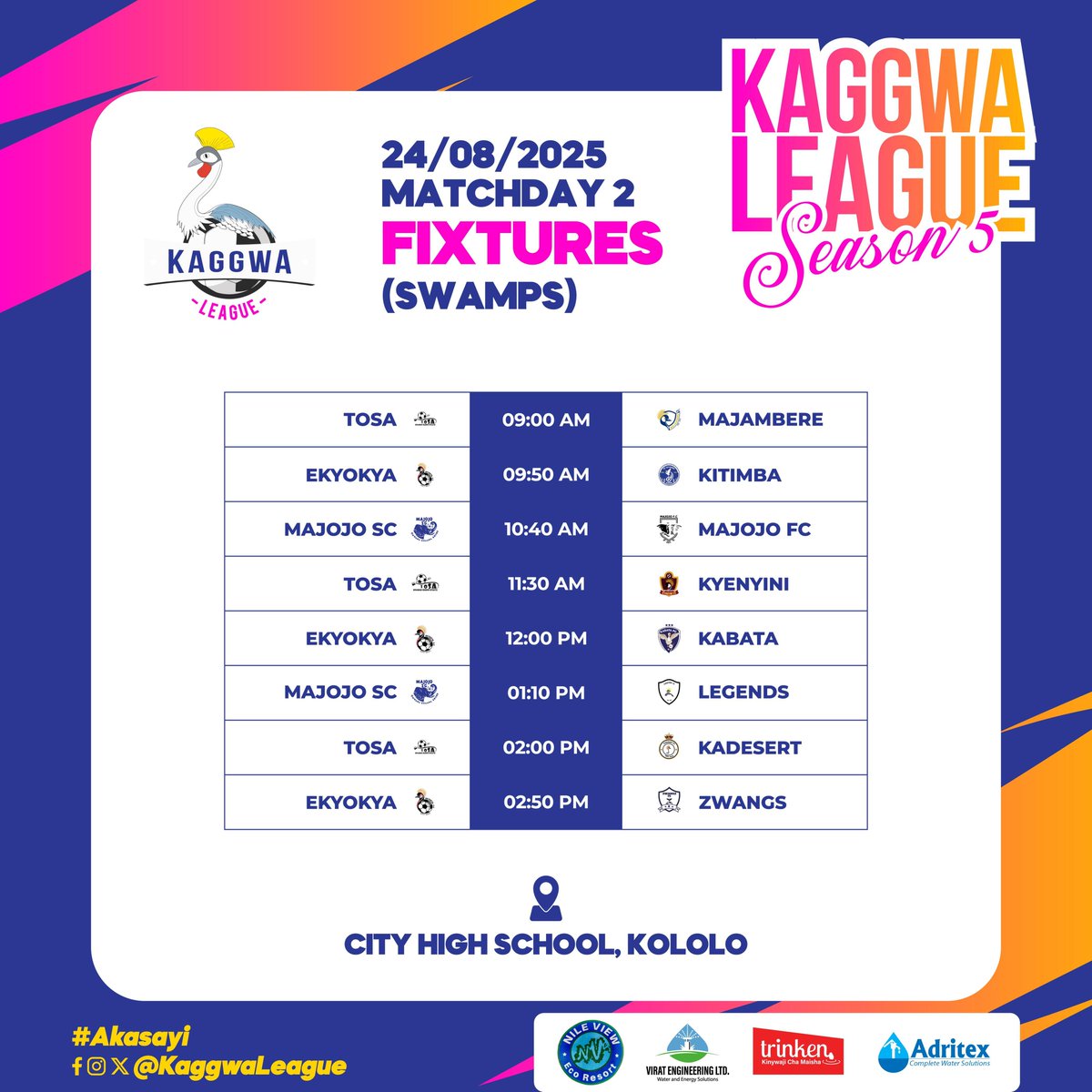 We shall be playing <a href="/ekyokyaFc1723/">Ekyokya FC</a> as our early kickoff, later play the defending champions <a href="/ChweziFC/">Chwezi FC</a> and finally in the evening play our elders of <a href="/obuduxx/">OBUDUXX FC</a> .

Join us for #KaggwaLeagueSN5 as we extend our pursuit for the shield.
#Akasayi