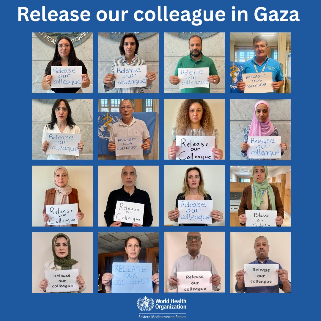 WHO Regional Office for the Eastern Mediterranean (@whoemro) on Twitter photo We call on the Israeli authorities to ensure the immediate release of our <a href="/WHOoPt/">WHO in occupied Palestinian territory</a> colleague detained in #Gaza.
#ReleaseWHOcolleague We call on the Israeli authorities to ensure the immediate release of our <a href="/WHOoPt/">WHO in occupied Palestinian territory</a> colleague detained in #Gaza.
#ReleaseWHOcolleague