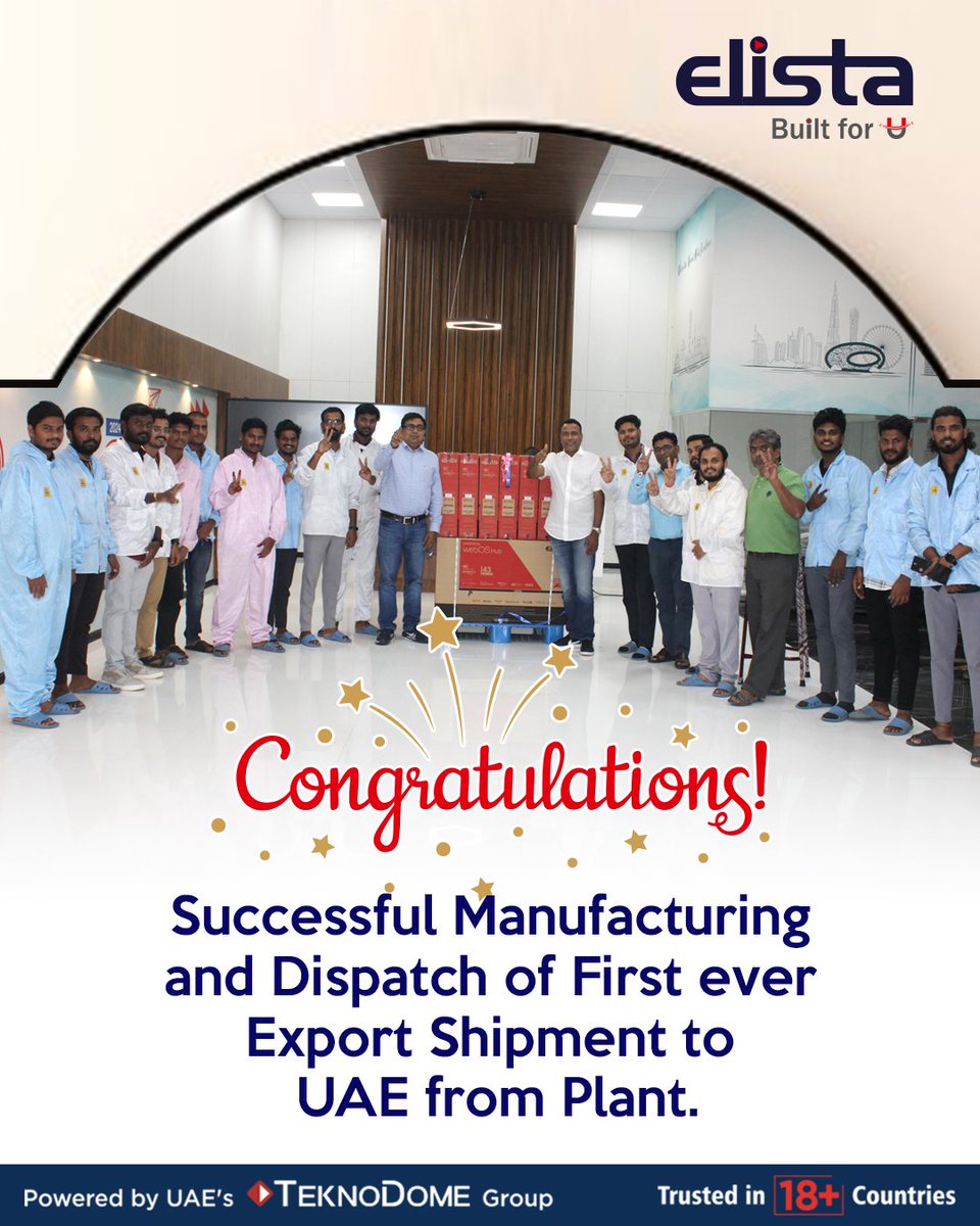 ElistaWorld's tweet photo. Proud moment for us! 🚀 Our first overseas consignment has been dispatched from our state-of-the-art Kadappa plant. Built with quality, grit & innovation — truly living our vision of #MakingInIndiaForTheWorld 🌍✨ https://t.co/0wCz5qoNZ8