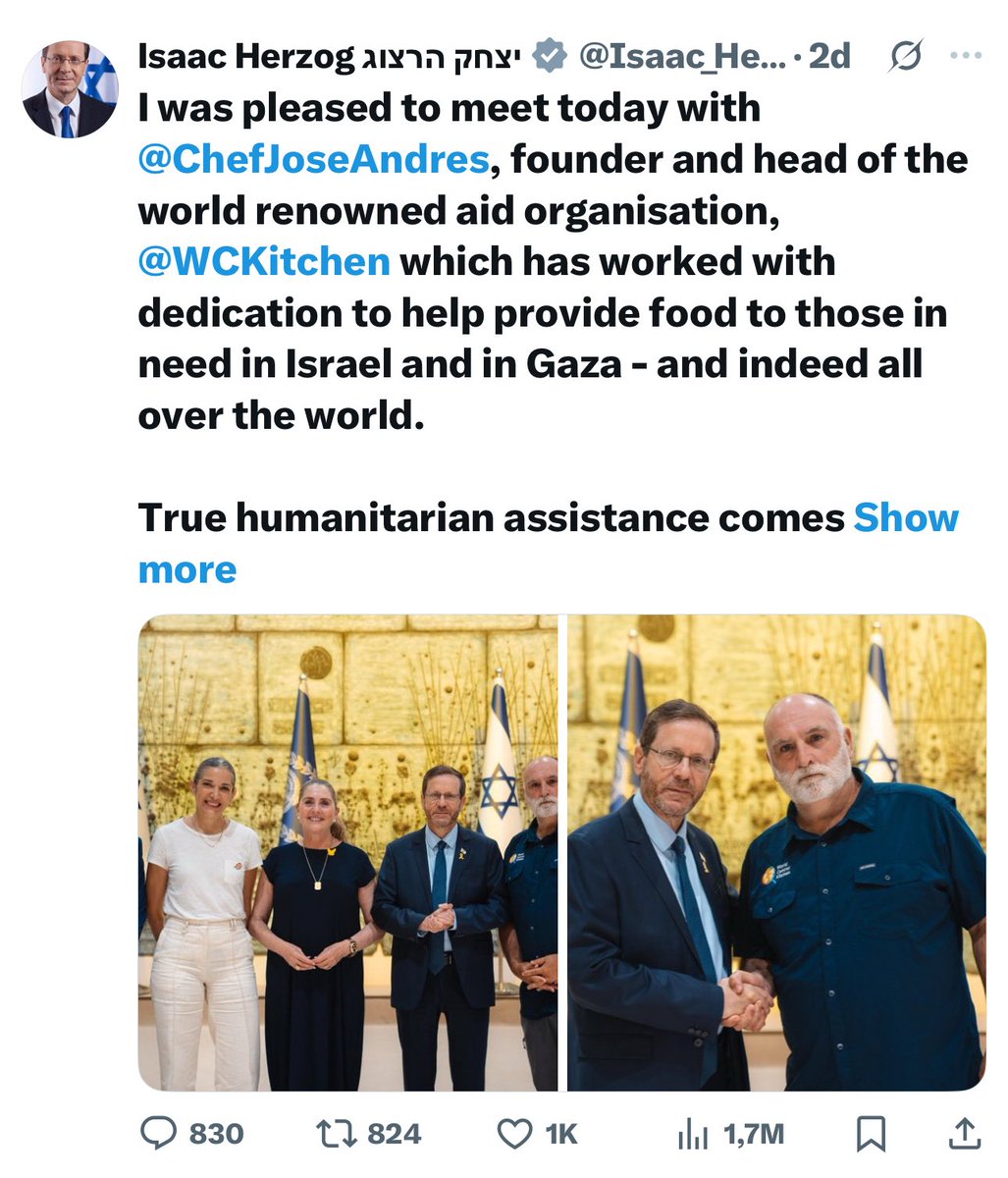GeminaTeed's tweet photo. Here goes Chef José Andrés, head of World Central Kitchen, happily posing with Israel’s President Herzog, aka the man who helped slaughtering 7 of his employees last year and prevented #WCK from bringing aid into Gaza in order to implement starvation
#ChefAndres #Herzog #Israel https://t.co/hA62dGmcQa