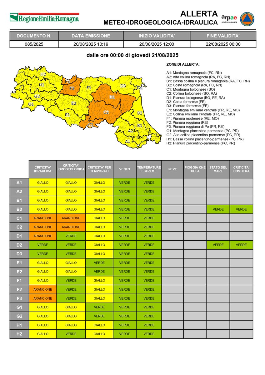 🔁 AGGIORNAMENTO #AllertaMeteoER  
Dalle 12:00 del 20/08/2025
ARANCIONE per criticità #idraulica, #idrogeologica e #temporali;
GIALLA per criticità #idraulica, #idrogeologica e #temporali. 

Dalle 00:00 del 21/08/2025 alle 00:00 del 22/08/2025
ARANCIONE per criticità #idraulica e