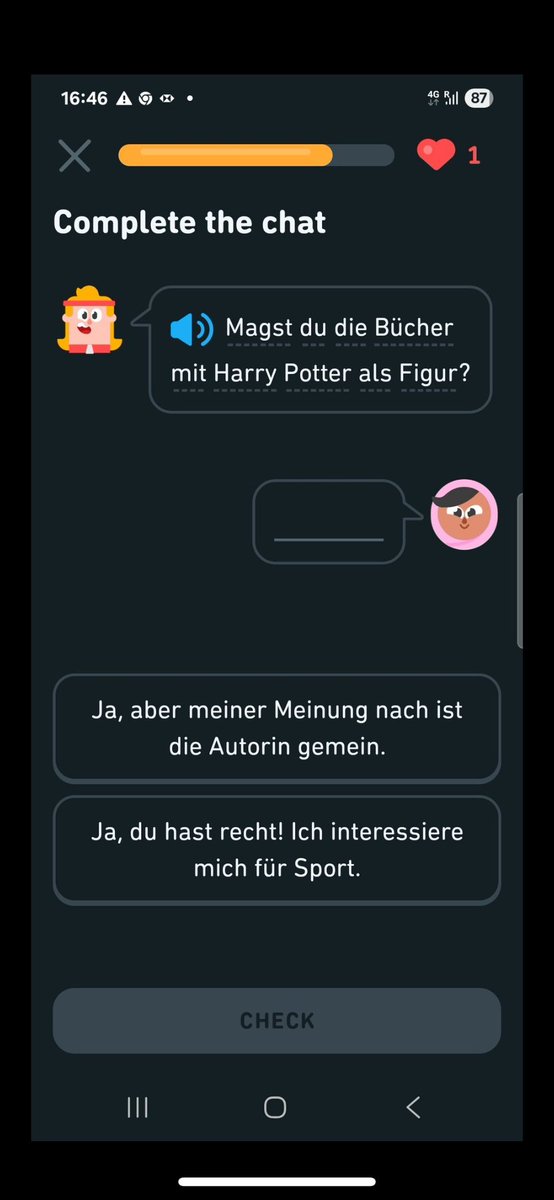 A story in 4 parts.

First, I saw this post about Duolingo’s nasty little dig at JK Rowling.