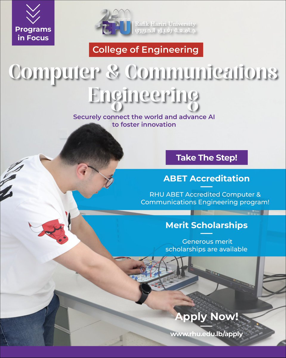 RHU_Lebanon's tweet image. Securely connect the world & advance AI! Join RHU’s ABET-accredited Computer & Communications Engineering program to master cutting-edge tech & shape the future. Fall 2025-26 admission is open: rhu.edu.lb/apply
#RHU #ComputerEngineering #CommunicationsEngineering #ABET