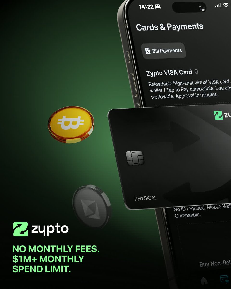 The easiest way to spend your Bitcoin, Ethereum, and other altcoins is with  the Zypto Million Dollar VISA Card. No monthly fees. $1M+ monthly spend  limit. Where all users feel premium because