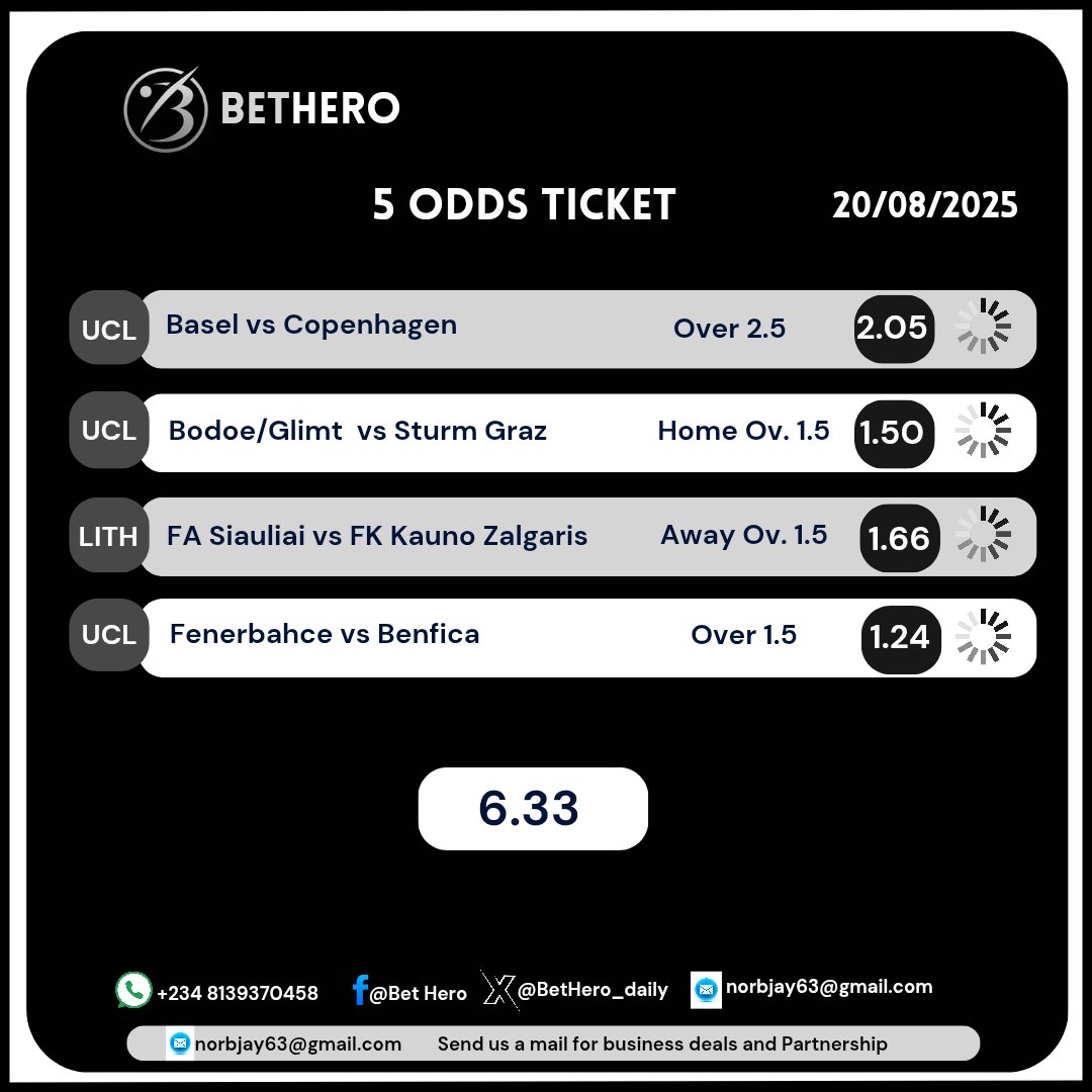BetHero_daily's tweet photo. Our 5 odds ✅️✅️
Always Available 
Don't Miss it 🤑🤑💥

Keep Following Bet Hero 💯💯🔥 https://t.co/AMPTQ59efO