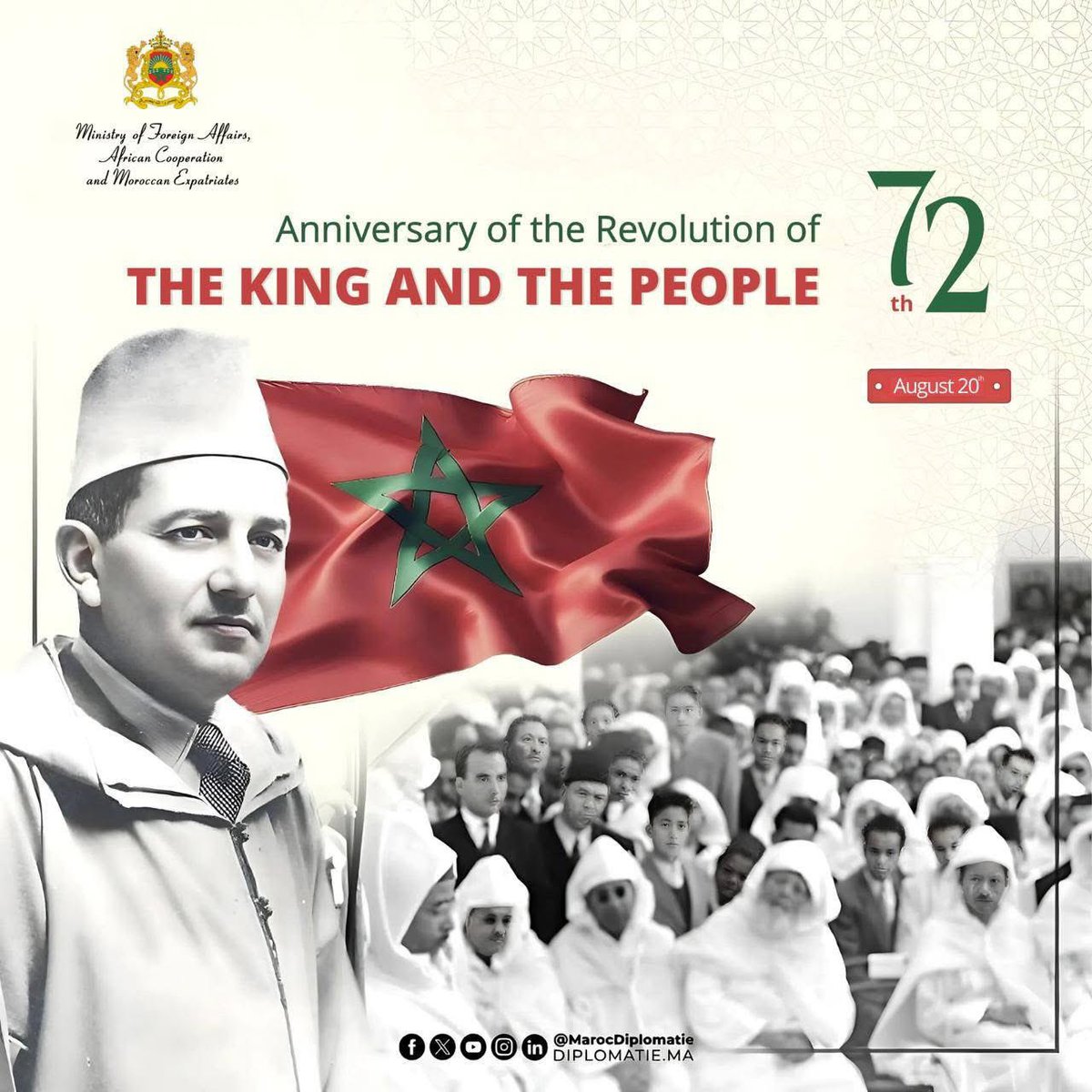 Morocco celebrates today, August 20th, the 72nd anniversary of the Revolution of the King and the People, a historic milestone in the fight for independence, symbolizing the deep unity between Throne and People in defending the nation’s sovereignty and unity.