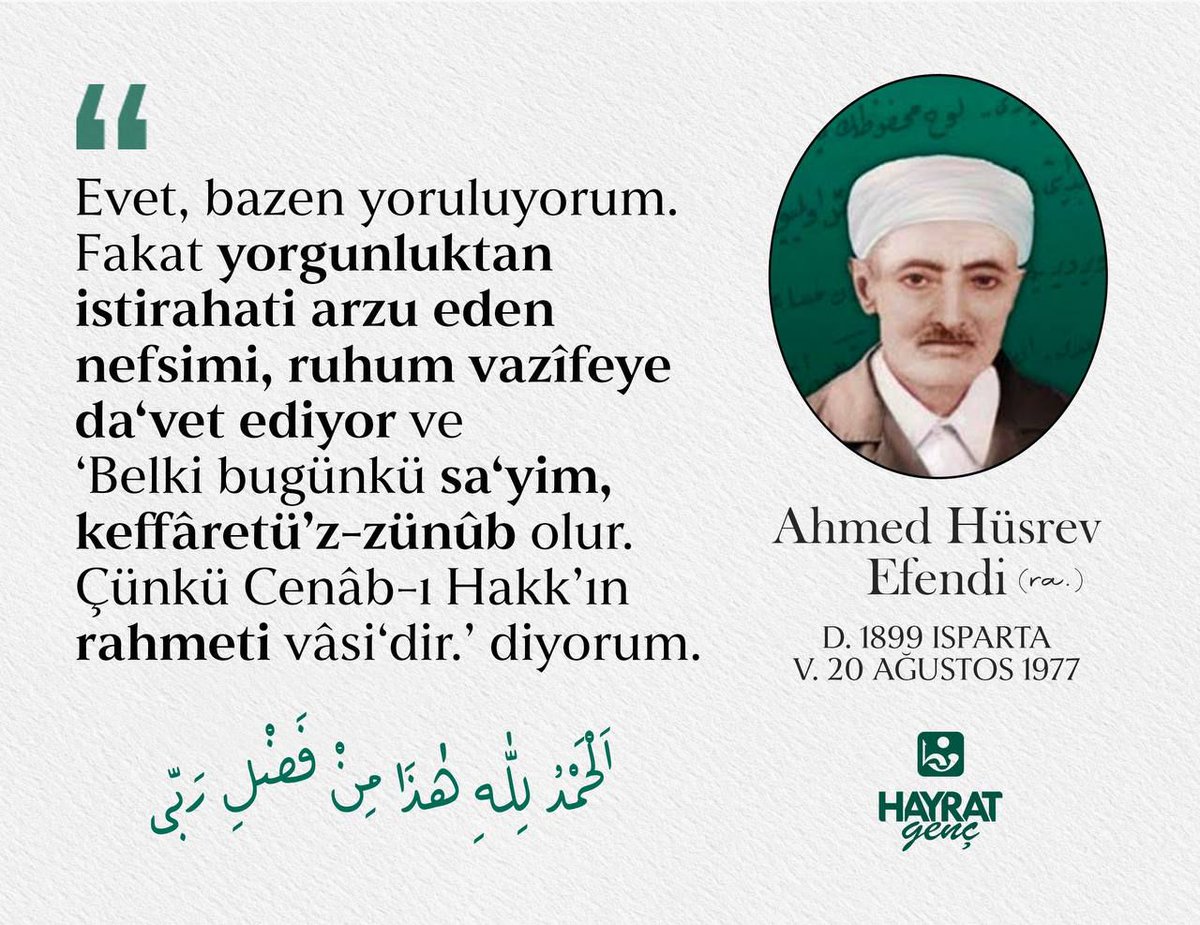 Vefatının 48. sene-i devriyesinde Hayrat Vakfı Kurucusu Üstad Ahmed Hüsrev Altınbaşak Hazretlerini rahmet, minnet ve hasretle yâd ediyoruz…
#GençHayrat #HüsrevEfendi