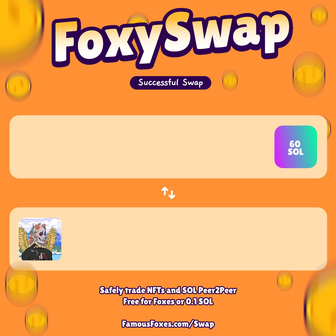FamousFoxFederation Sales (@fffsales) on Twitter photo New swap completed! <a href="/FamousFoxFed/">Famous Fox Federation 🦊🟠</a> #FamousFoxes
Use FoxySwap for secure P2P swaps. New swap completed! <a href="/FamousFoxFed/">Famous Fox Federation 🦊🟠</a> #FamousFoxes
Use FoxySwap for secure P2P swaps.